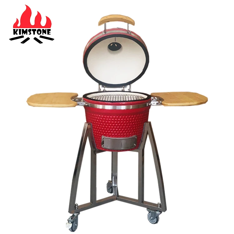 16inch Premium Modern KimPu Series Kamado Grill Red Golf Pattern Portable Trolley Design Bamboo Side Tables Smoker Party