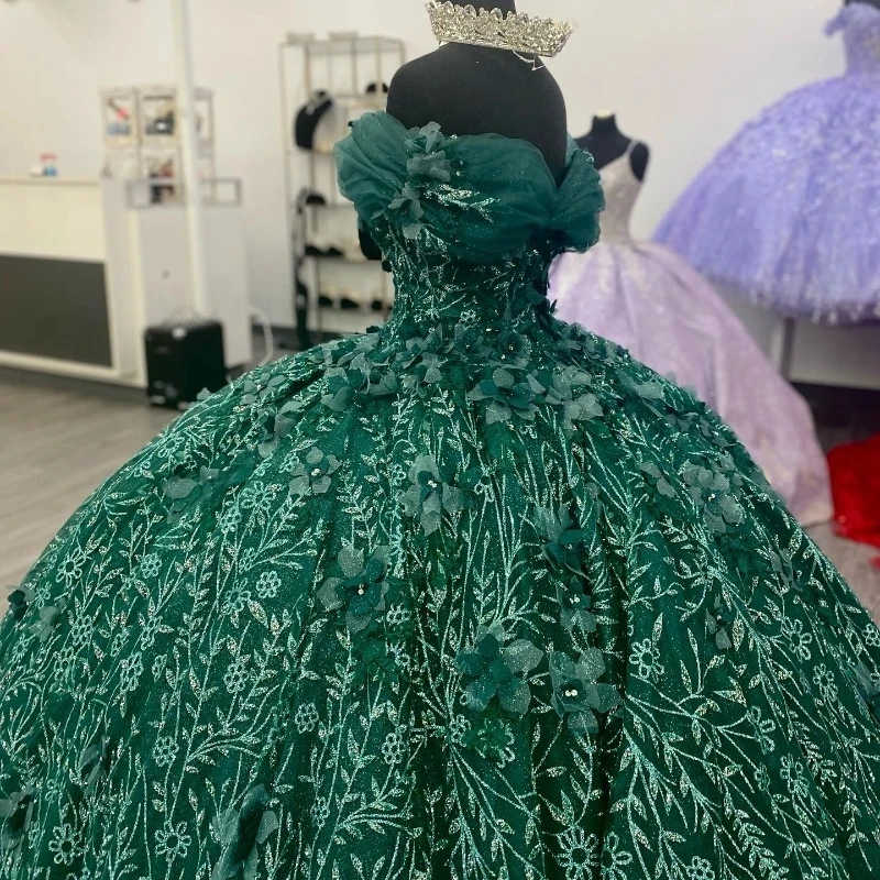 Vestidos de princesa verde para quinceañera, vestido de baile con hombros descubiertos, encaje Floral, dulce 16, 15 Años, mexicano