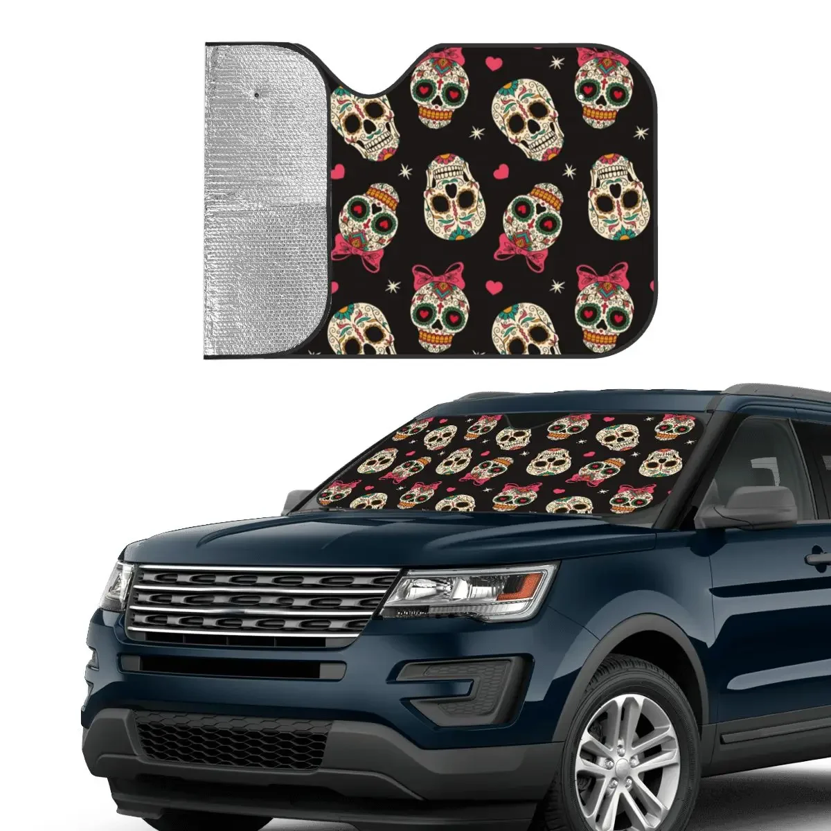 Sugar Skull Sunshade Windscreen Mexican Style Retractable Car Front Windshield 76x140cm Sunshade Visor Car-covers