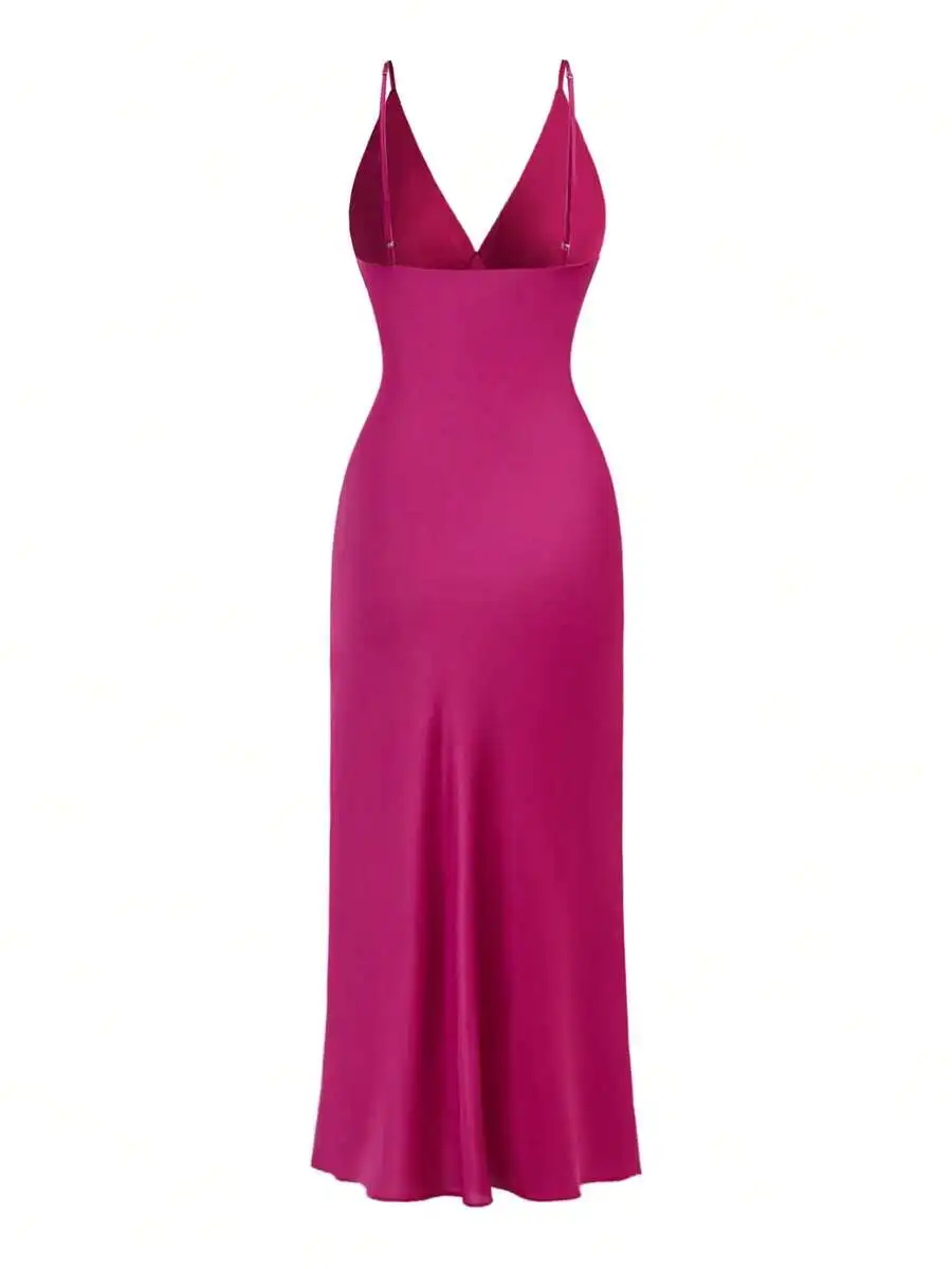 

Women Spaghetti Strap Satin Like Sleep Dress V Neck Solid Color