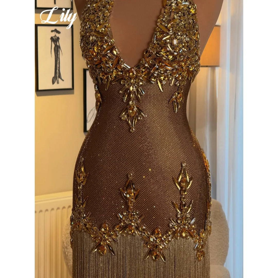 Lily Gold Prom Dress Luxury Heavy Rhinestone Crystal Embellished Evening Dress Long Beaded Fringe Tassel Party Gown Customized image 3