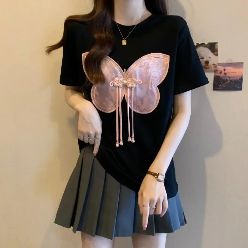 Women Summer Chinese Style Bow Black Slim O-neck Thin Short Sleeve Party Tee Shirt Women Clothing Fashion Embroidered Top Tee