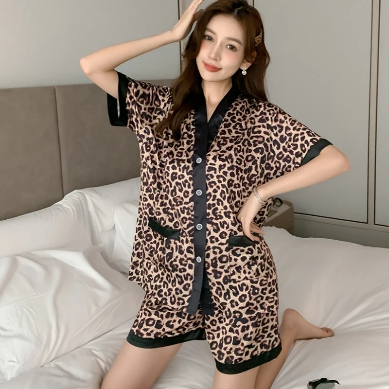 QSROCIO Summer Women\'s Pajamas Set Leopard Square Print V Neck Sleepwear Short Casual Faux Silk Homewear 2pcs Nightie Femme