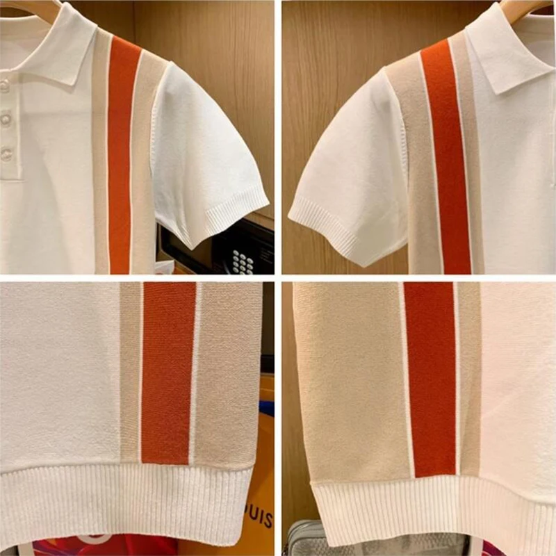 High Quality Knit Slim Polo Shirt Mens Vintage Striped Embroidery Knitted Tops Summer Casual Turn-down Collar Short Sleeve Polo