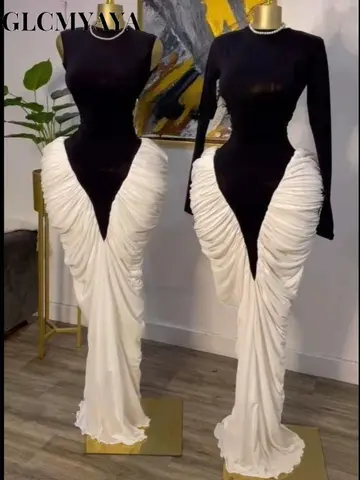 GLCMYAYA Women Long Sleeve Patchwork Ruched Stacked Lace Up Smock Maxi Long Dress 2025 Vacation Party Birthday Dresses Vestidos