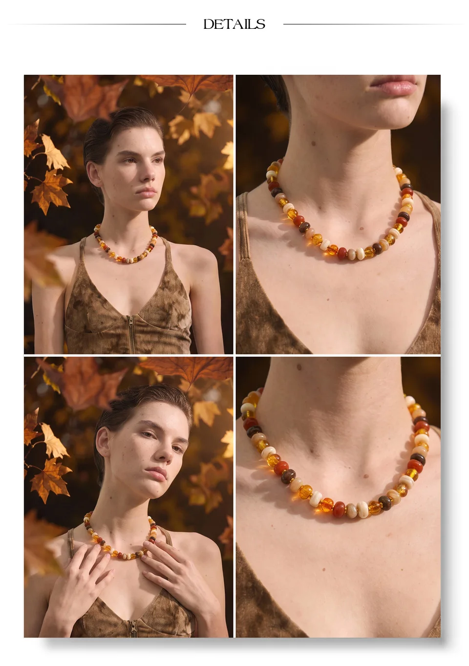 Yhpup Bunte Harzperlenkette Handgefertigte Halskette Wasserdicht Edelstahl Exquisiter Modeschmuck für Herbst und Winter – Detail 6