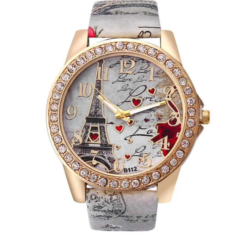 Women Watches Fashion Luxury Crystal Paris Eiffel Tower Watch Diamond Leather Band Ladies Quartz Wristwatch Casual Ladies Watch