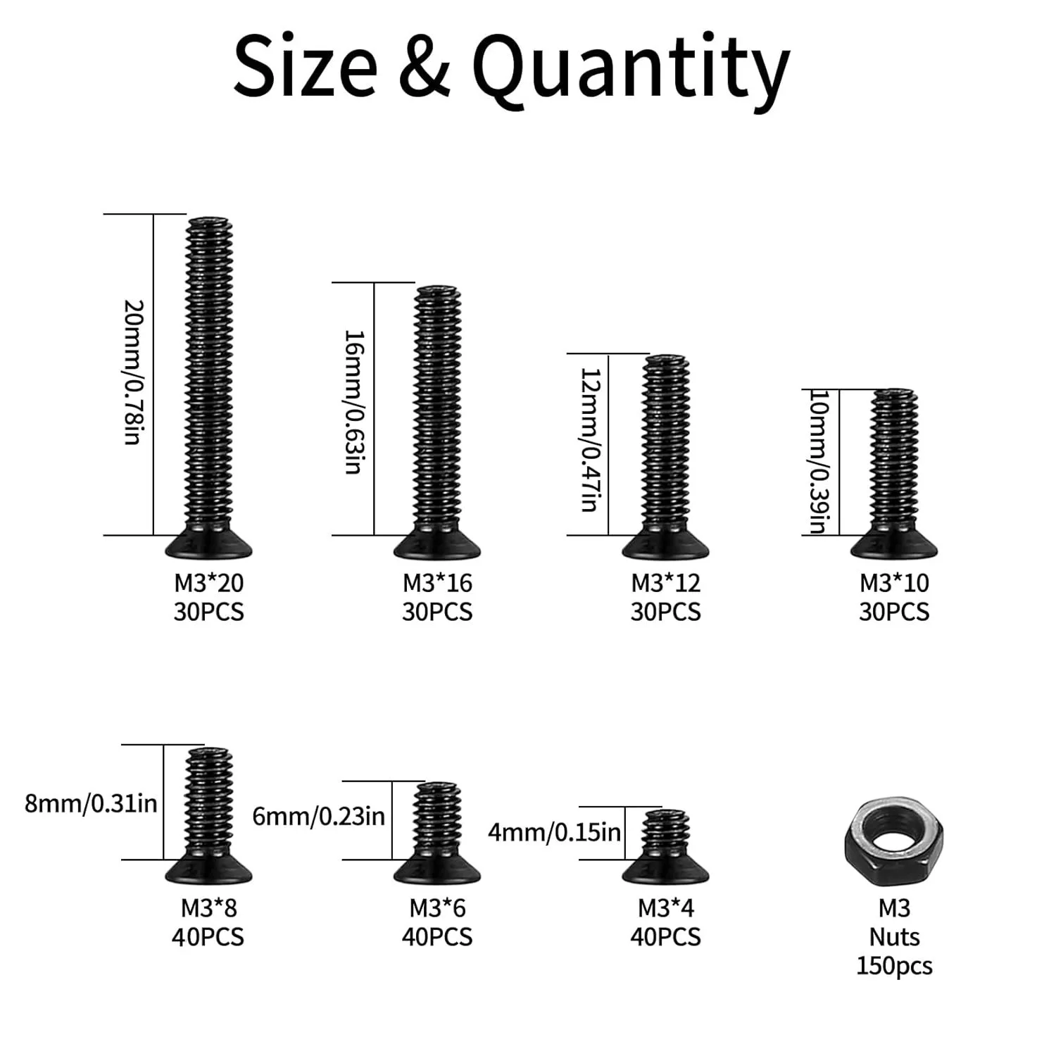 390Pcs Black Countersunk Cross Screws And Nuts M3 Flat Head Machine Screws And Hex Nuts Set for DIY Projects