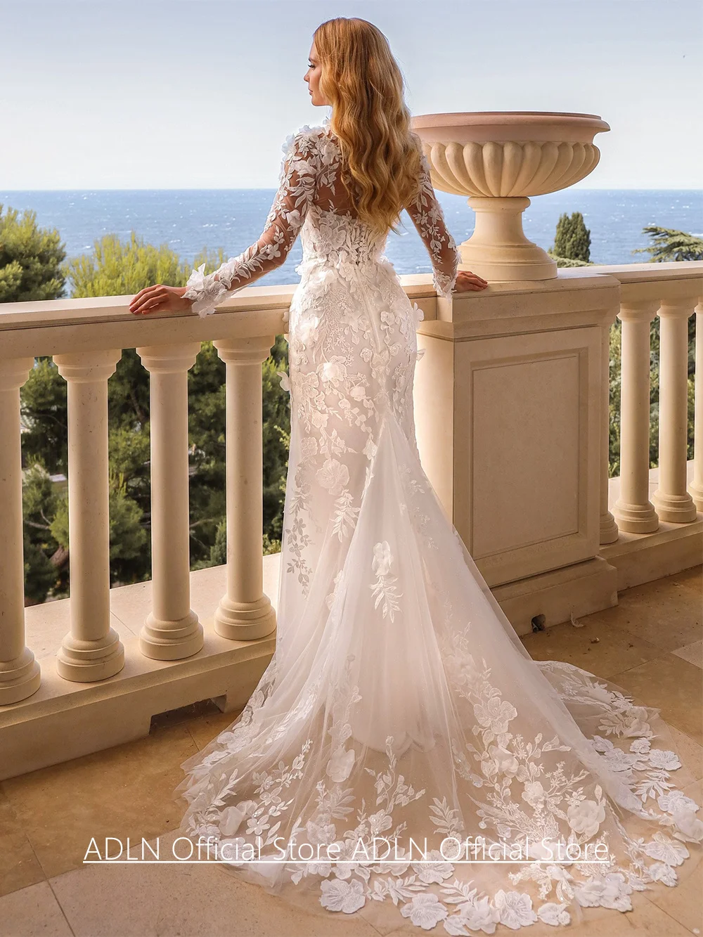 Romantic Lace Mermaid Wedding Dresses Customized Long Sleeves High Neck 3d Flowers Applique Sweep Train Bridal Gown Bride