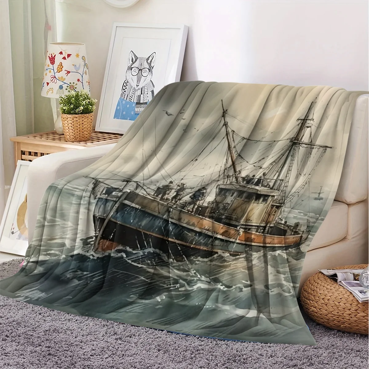 1pc 5D Flannel Small Throw Blanket with Seascape Fishing Boat Pattern, Soft and Warm, Suitable as a Sofa Blanket, Home Leisure B