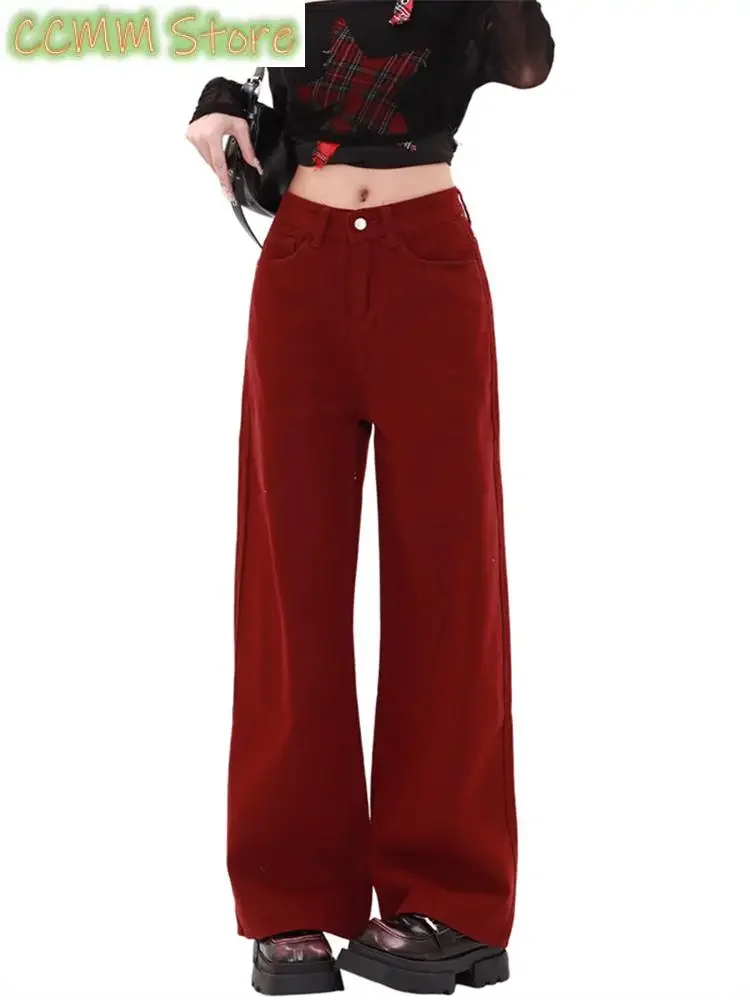 Women's Solid Color Classic Red Casual Cargo Pants Cool Girl Retro Wide-leg Streetwear High Waisted Y2K Straight Baggy Trouser