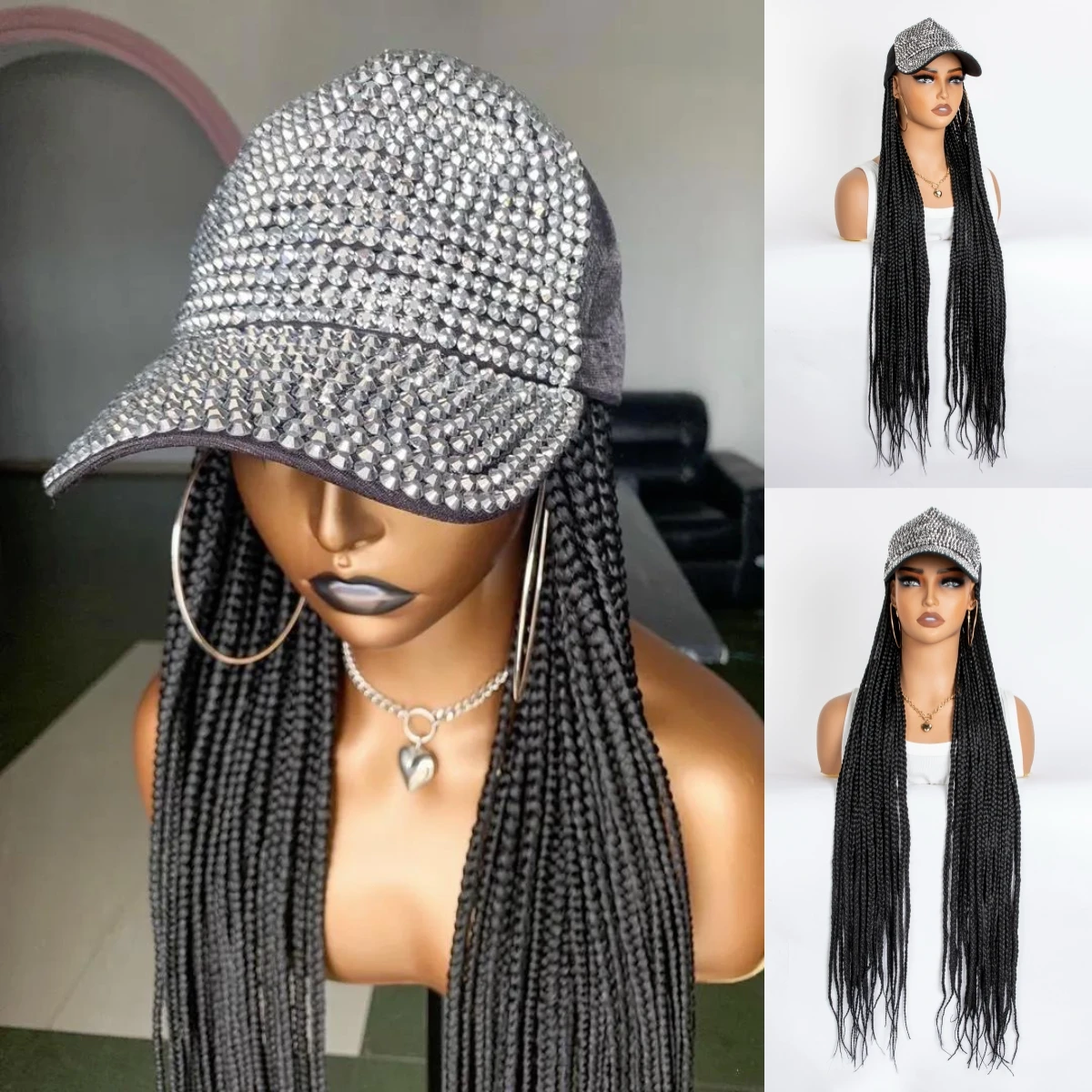 

36Inch Extra long Black Box Braided Synthetic Wigs With Rhinestone Decor Adjustable Hat Cap Braiding Hair Extensions Wigs