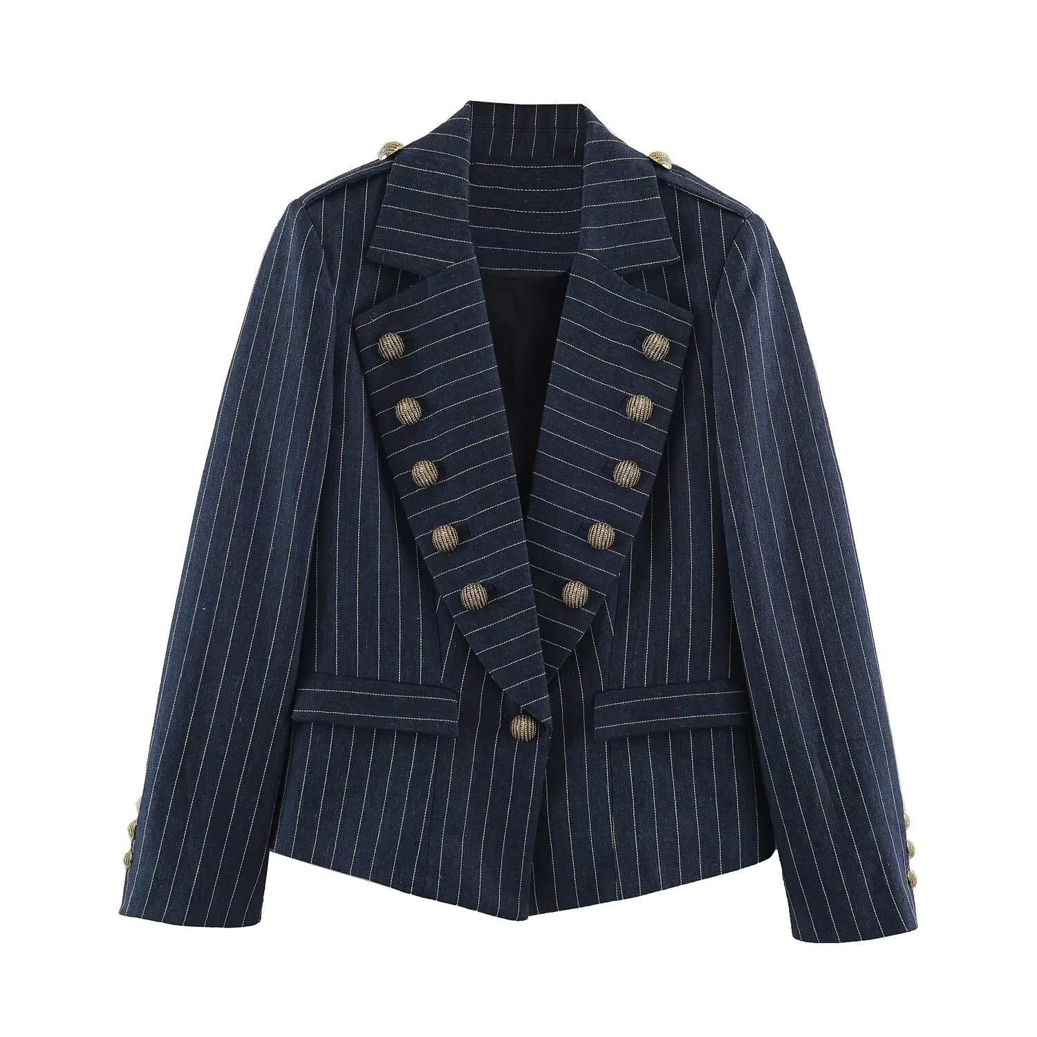 2026 Autumn Women's Elegant Cropped V-neck Striped Short Blazer Coat Lady Vintage Chic Slim Fit Long Sleeve Buttons Jacket Top