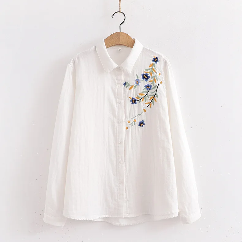 New Spring Cotton Casual Sweet Shirt Women Long Sleeve Lapel Floral Embroidery Tops Girl Loose Blouses 2024 Summer T43844QM