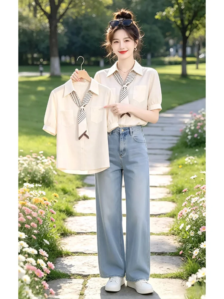

Casual Style Short Sleeve Shirt with Scarf Commute Versatile Artistic Design Slimming Effect Summer 2026 Breathable Women's S...