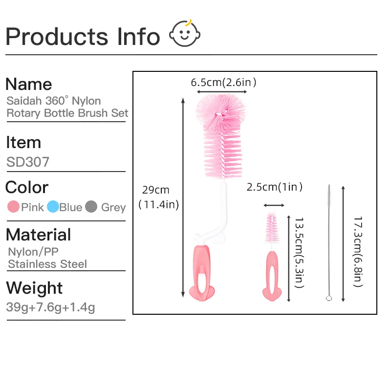 3 In 1 Set Saidah 360 ° Nylon Roterende Melkflessenborstelset