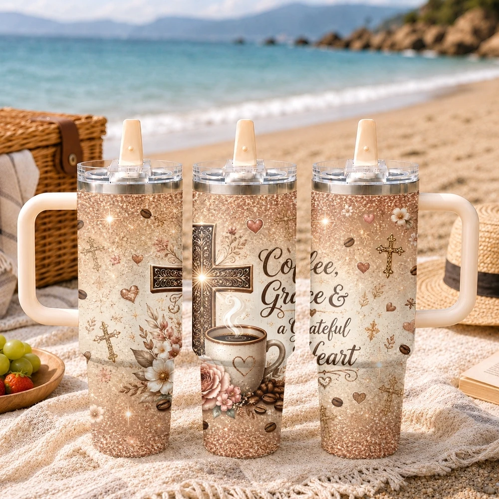 Christian Jesus Brown Coffee Vacuum Flasks 40oz Thermal Tumbler Handle Stainless Steel Insulated Water Portable Mug Cup