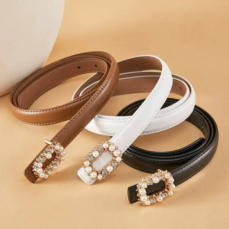 Women Elegant Pearl Thin Belt Rhinestone Belt Genuine Leather Bling Crystal Adjustable Glitter Waistband for Dress Luxury Girdle