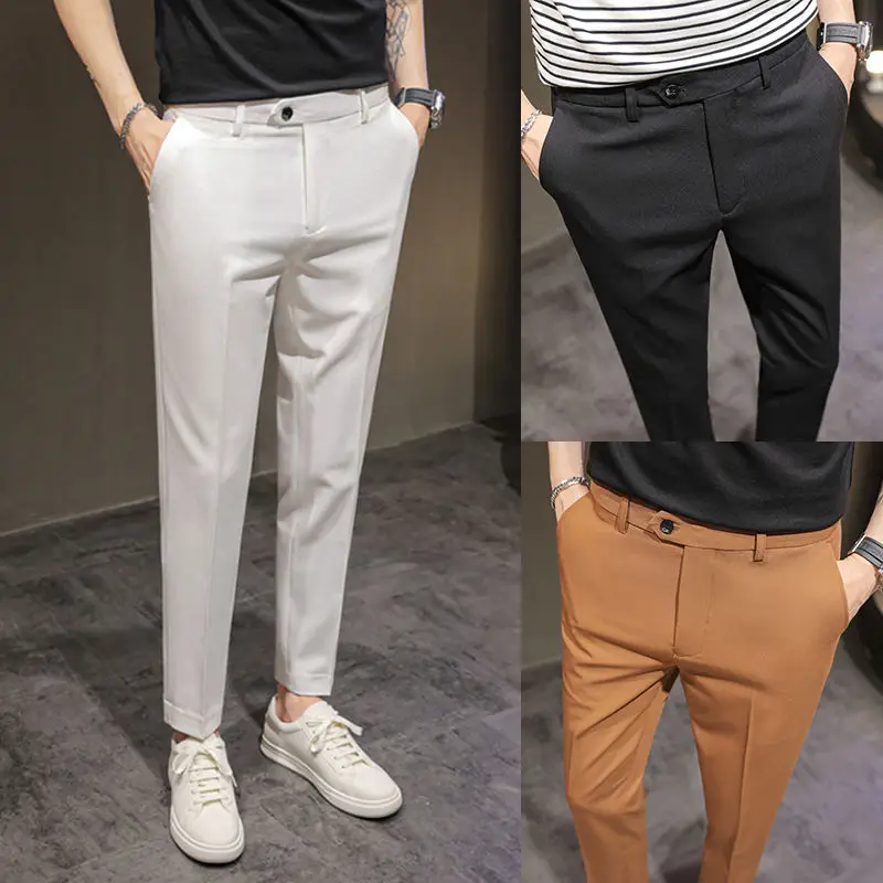 

2023 Spring Autumn New Men Dress Pants Slim Straight Casual Suit Pants Male Solid Business Little Feet Clothing Trousers P166