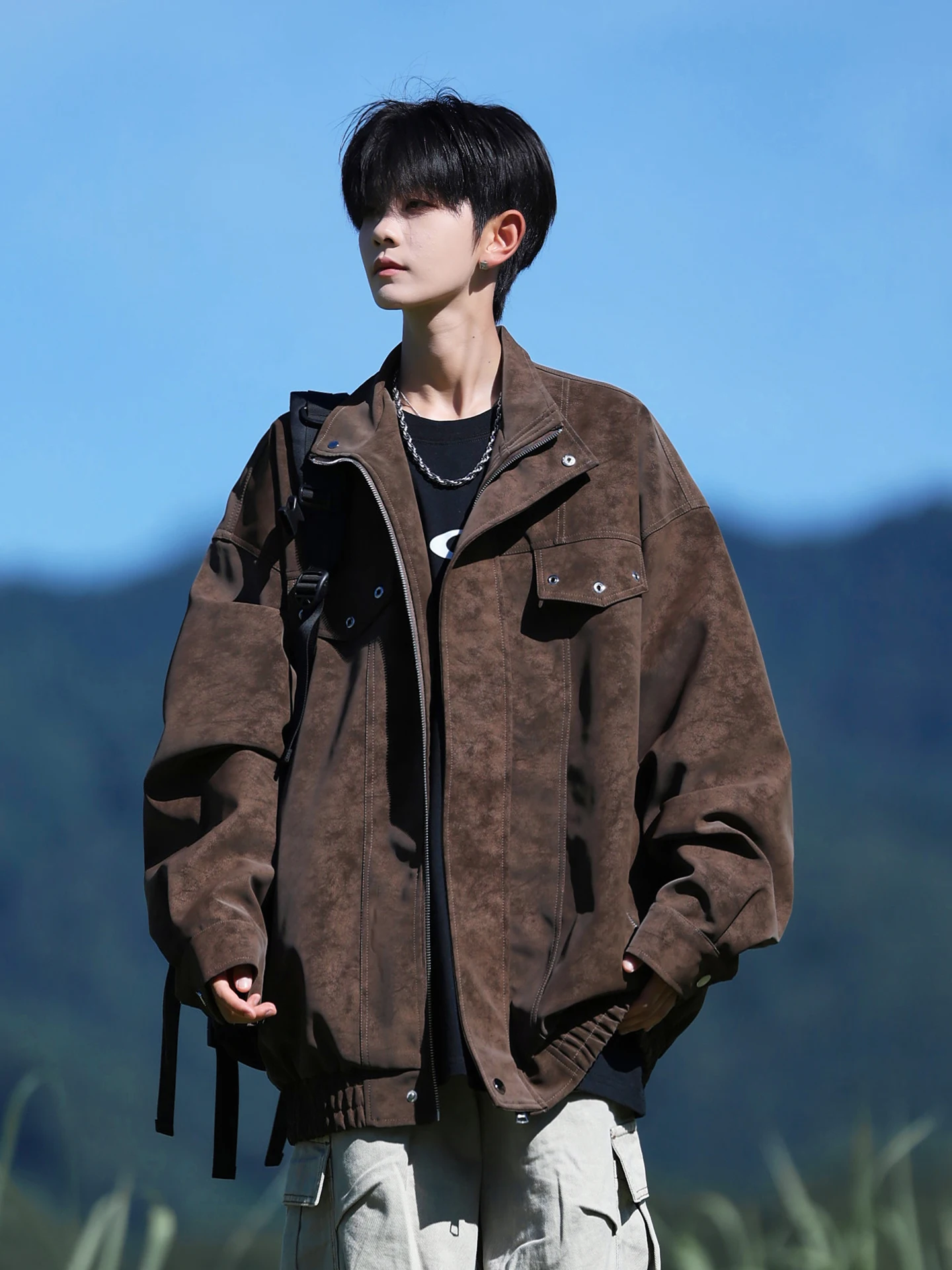 

Retro American PU Leather Biker Jaet Men's Spring Autumn Faion Brand Cool Big Size Jaet Loose Fit Casual Sle