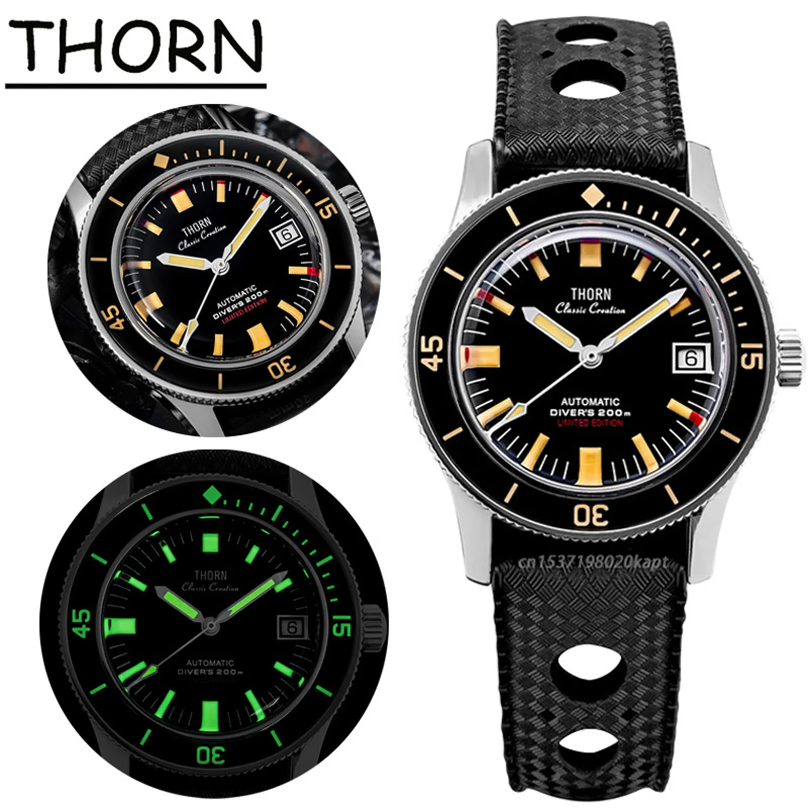 Thorn T006 Vintage Watch 50-Fathoms Titanium Case PT5000 Movement 20ATM Waterproof Sapphire Glass Luminous 38mm Diver Watches