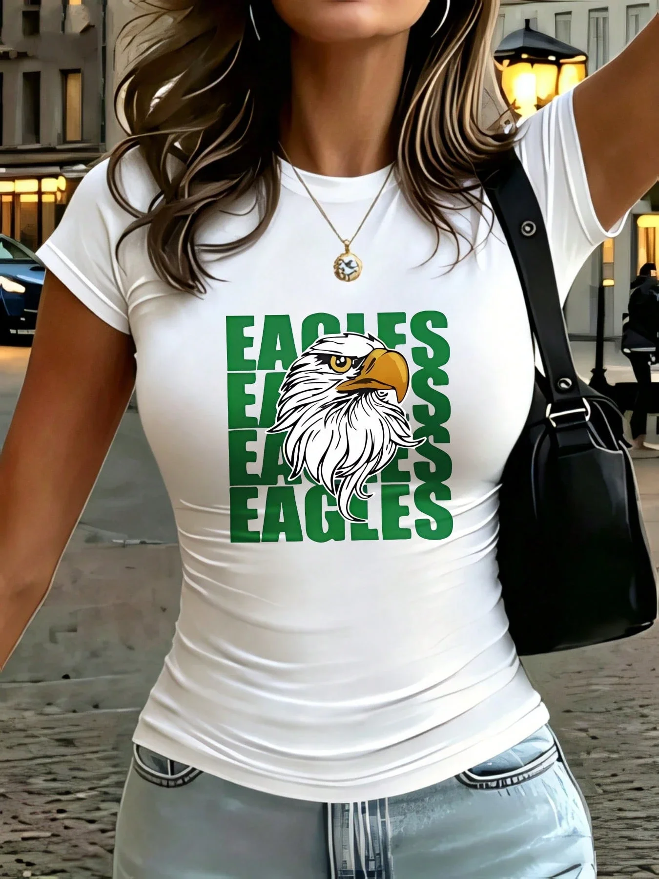 Eagles Logo Print Bohemian Style Women's Clothing Travel And Holiday Gothic White Tshirt Bold Green Eagles Text Casual Top Gift