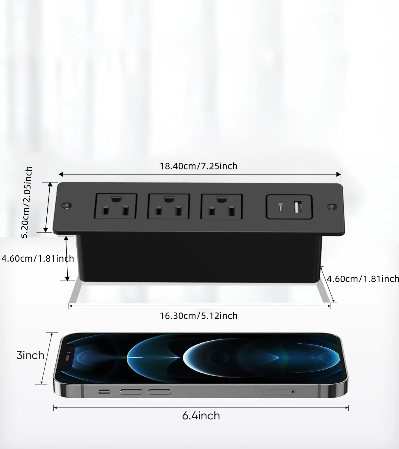 Recessed Embedded Power Strip 3 AC Outlets 1 USB-A & 1 Type-C (5V 2.1A) Flush Mount In-Desk Charging Station with 1.5 meters of extension cord for Hotel Guest Room Front Desk Lounge Indoor Installation