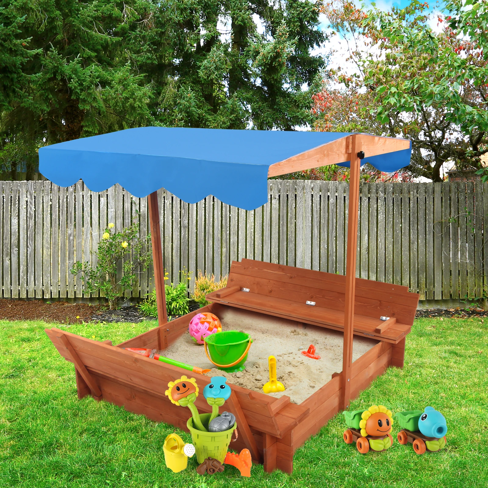 Wooden Sandbox with Convertible Cover Kids Outdoor Backyard Bench Play Sand Box kids toys