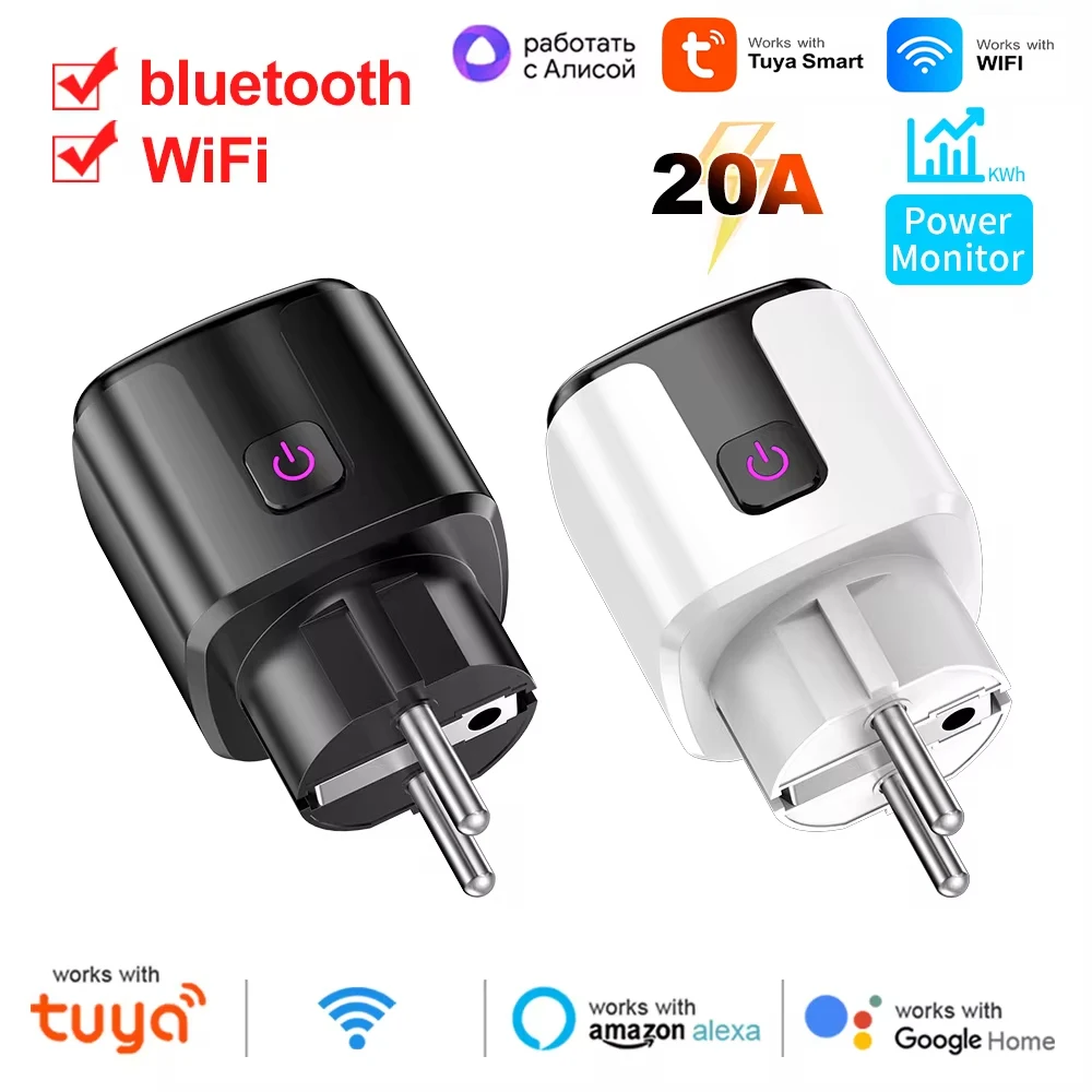 WiFi 20A Socket With Power Monitoring Tuya Smart EU Plug Timer Child Lock Outlet Google Home Alice SmartThings Alexa