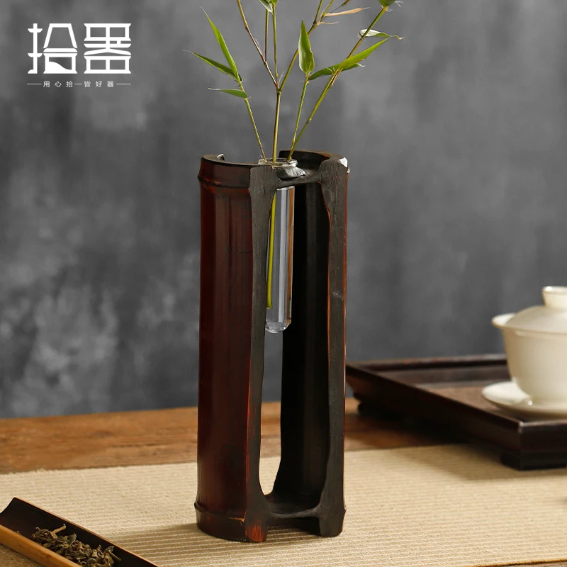 Lacquer bamboo glass tube small vase flower arrangement hydroponics Chinese retro mini flower machine dried flower home decorati