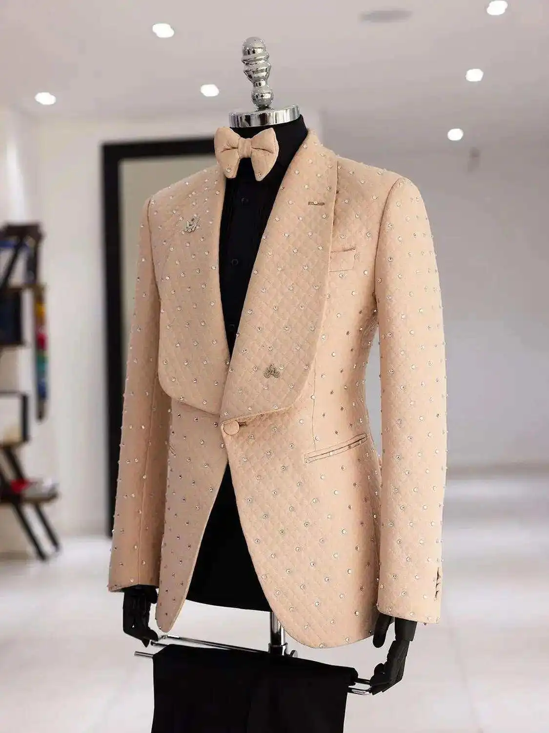 Champagne Wedding Men Tuxedos Modern Shwal Lapel Beads Groom Wear 2 Pieces Formal Pants Suits Custom Size Male Jacket Blazer