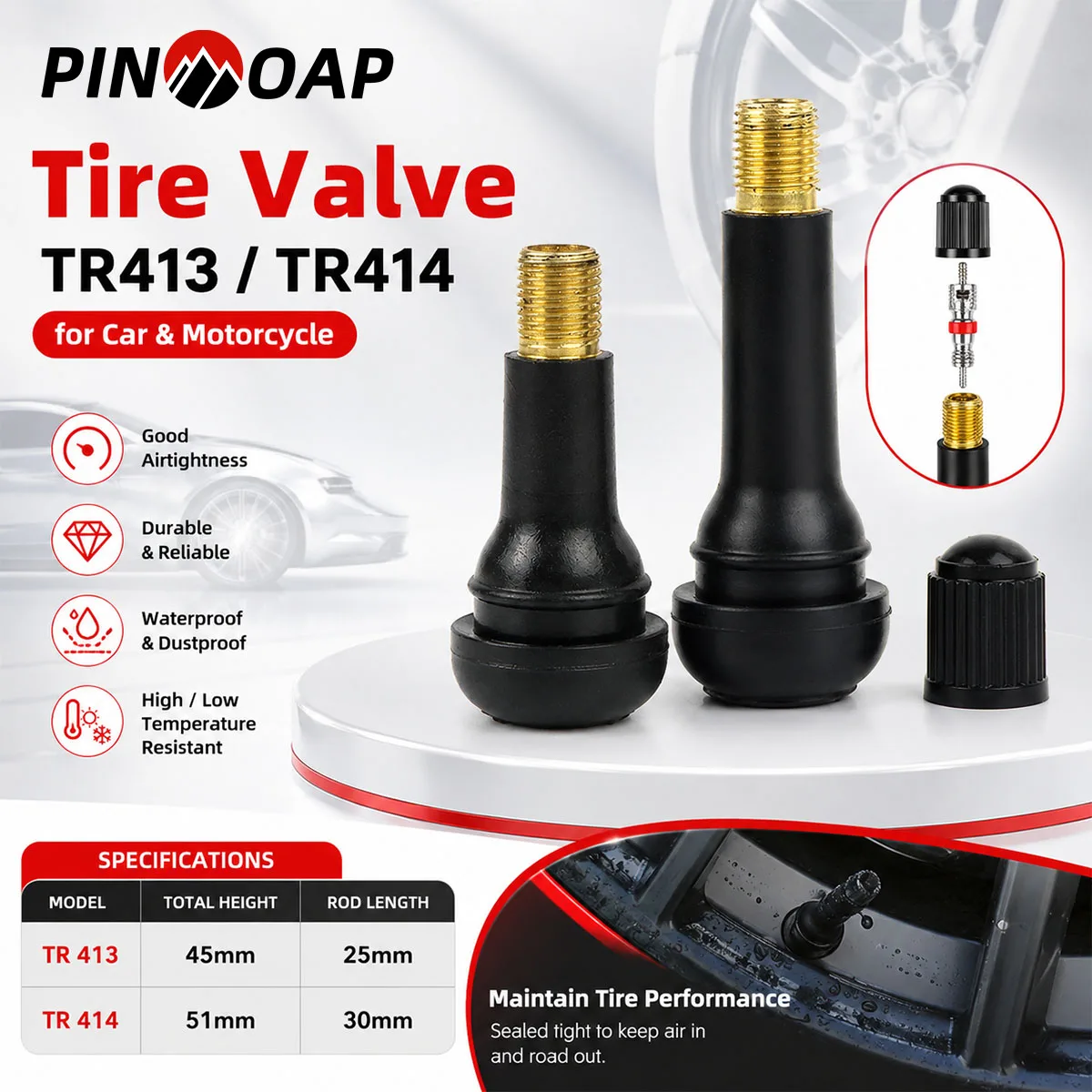 PINMOAP 4/10/50/100PCS Tr413 Tr414 Tubeless Tire Valve Stems Rubber Snap In Wheel Rim Valve Nozzle For Car Motorcycle Scooter