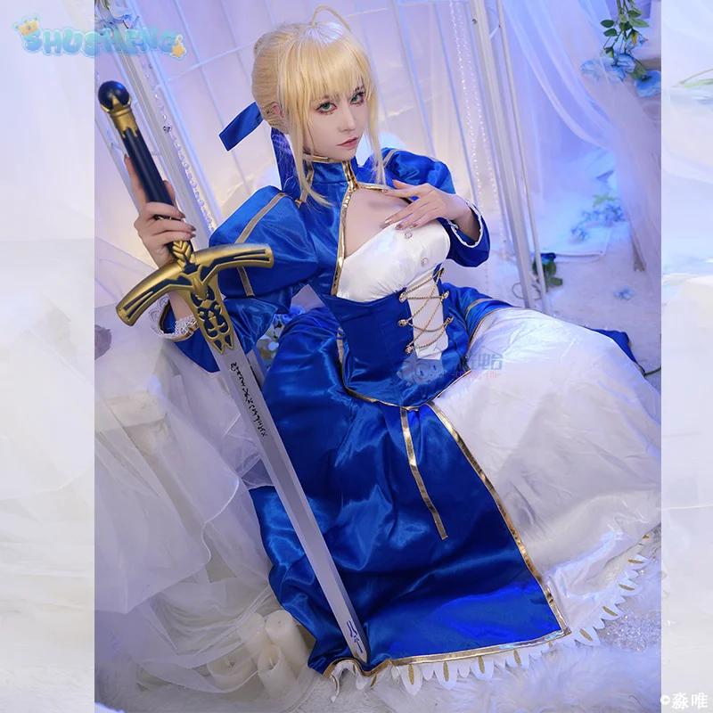 Altria Pendragon saber Cosplay Fate/stay night fate Costume Blue Silk Elegant Battle Dress Accessory Halloween Party Women Set