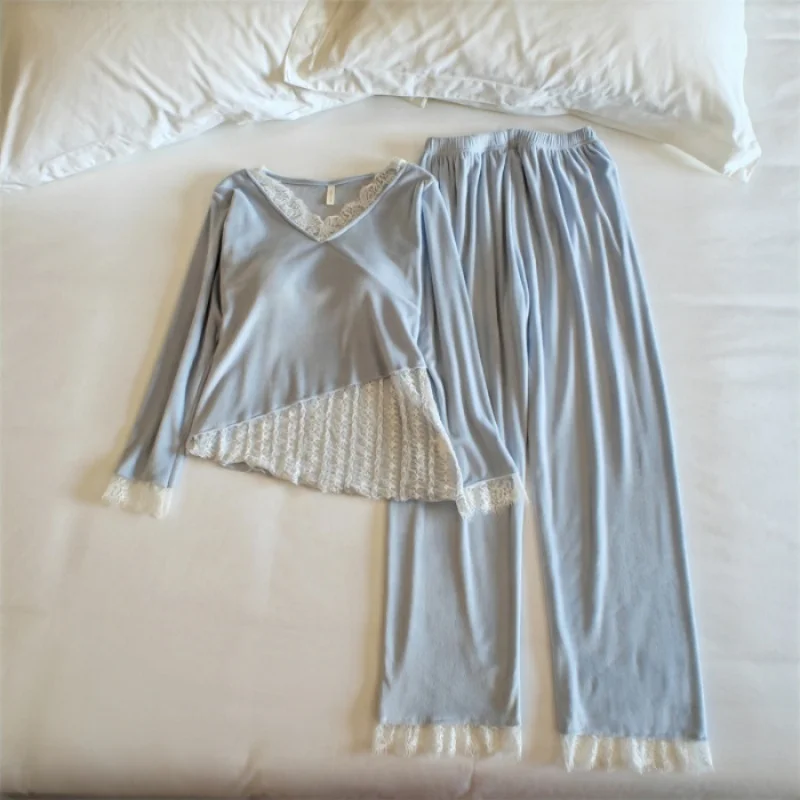 

Домашний костюм для женщин, одежда, кружевной пижамный костюм, весенне-осенняя одежда для сна с длинными рукавами, женский комплект из двух предметов, пижама Femmes