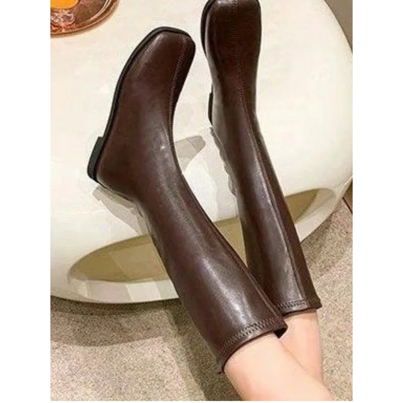 Street Style Stretch Women Knee High Boots Fashion Elegant Square Toe Shoes Women's Modern Flats Long Booties