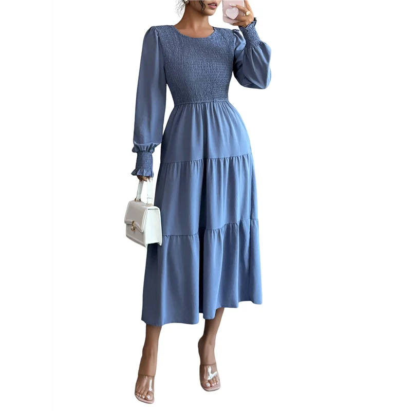 Fall Wedding Guest Dresses For Women Puff Long Sleeve Smocked Casual Crew Neck Tiered A Line Flowy Long Dress
