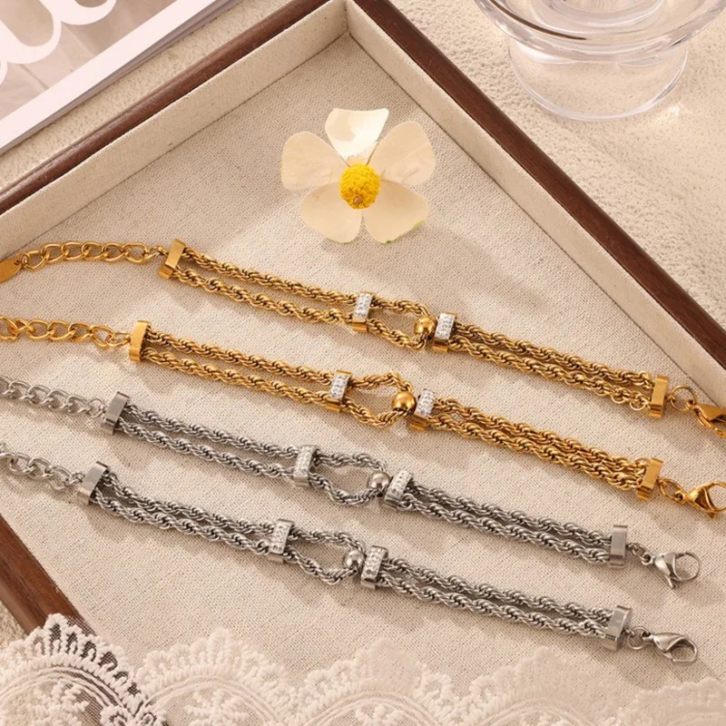 Tassel Pendant Fried Dough Twist Chain Necklace Bracelet For Women Stainless Steel Gold Plated Women\'s Bracelets Necklaces Set