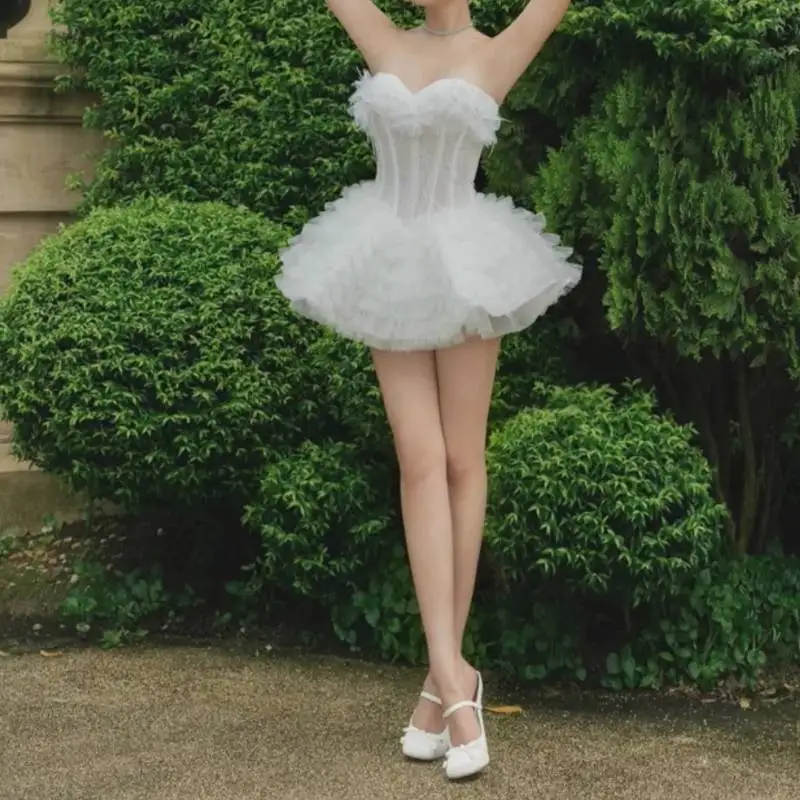Y2K Strapless Corset Dress Women Kawaii Tulle Tutu A Line Mini Dress Coquette Party Outfit Barbiecore High Quality Costume