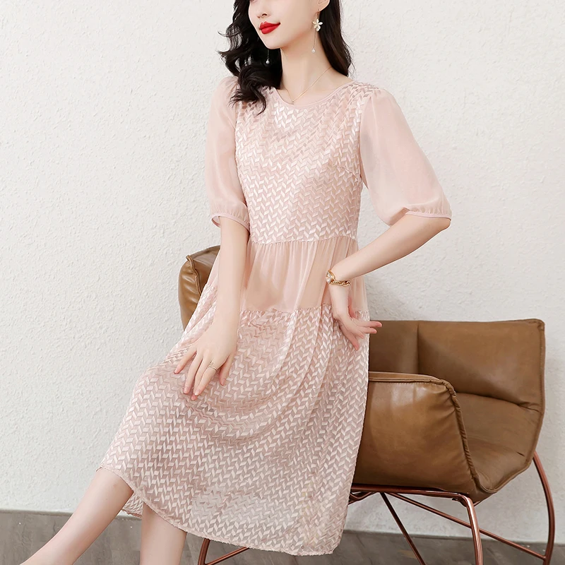 2023 Summer New Silk Short Sleeve O-Neck Dress with Satin Loose Fit Large Size Slim Lace Splice Knee Length Women's Robe