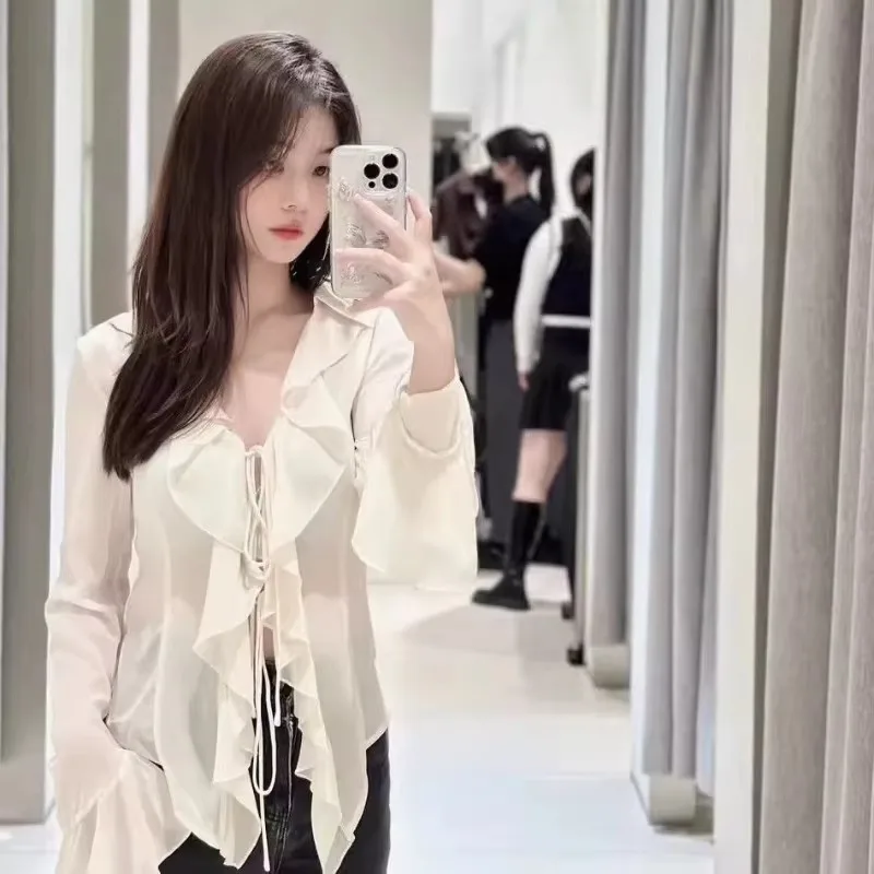 بلوزات برباط تناسب الجميع للنساء لربيع 2025 قميص نسائي سادة بأكمام طويلة ورقبة على شكل V قميص مكشكش بلوزة غير رسمية للمكتب Blusas Mujer #2