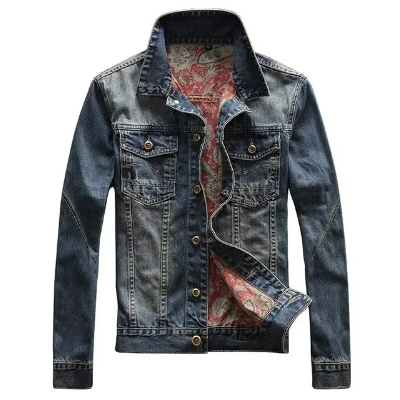 

Autumn New Handsome Top Men's Coat Fashion Loose Vintage Printing Denim Jackets Single Breasted Lapels Motorcycle Jackets Men