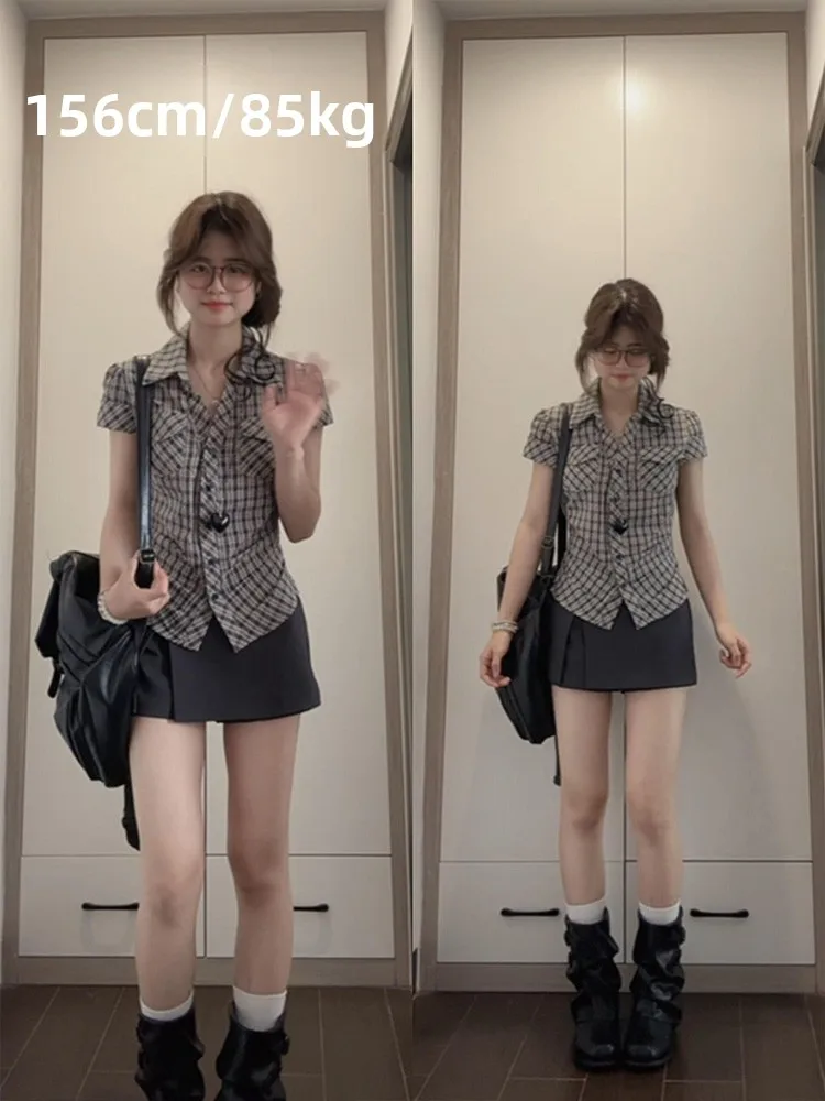 

Summer Women's Plaid Collar Short Sleeve Shirt Waist Cinched Slimming Short Design Commute Style Korean Fashion Top
