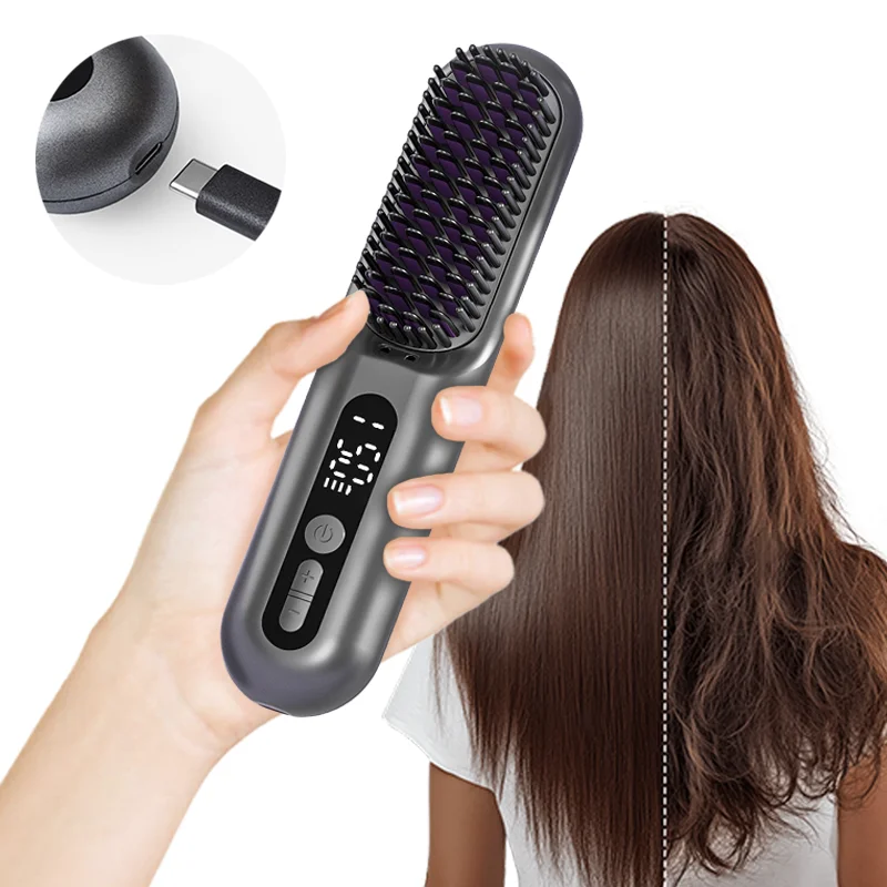 Wireless Heating Comb Professional Hair Straightening Brush LED Display 9 Temperature Settings USB Rechargeable Hotel Use Hair