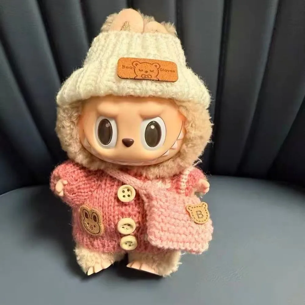 

15-17cm Labubu Clothes Outfit Set for V1 V2 Cute Sitting Party Doll Sweater Hat Bag Accessories for Mini Plush Dolls Decoration