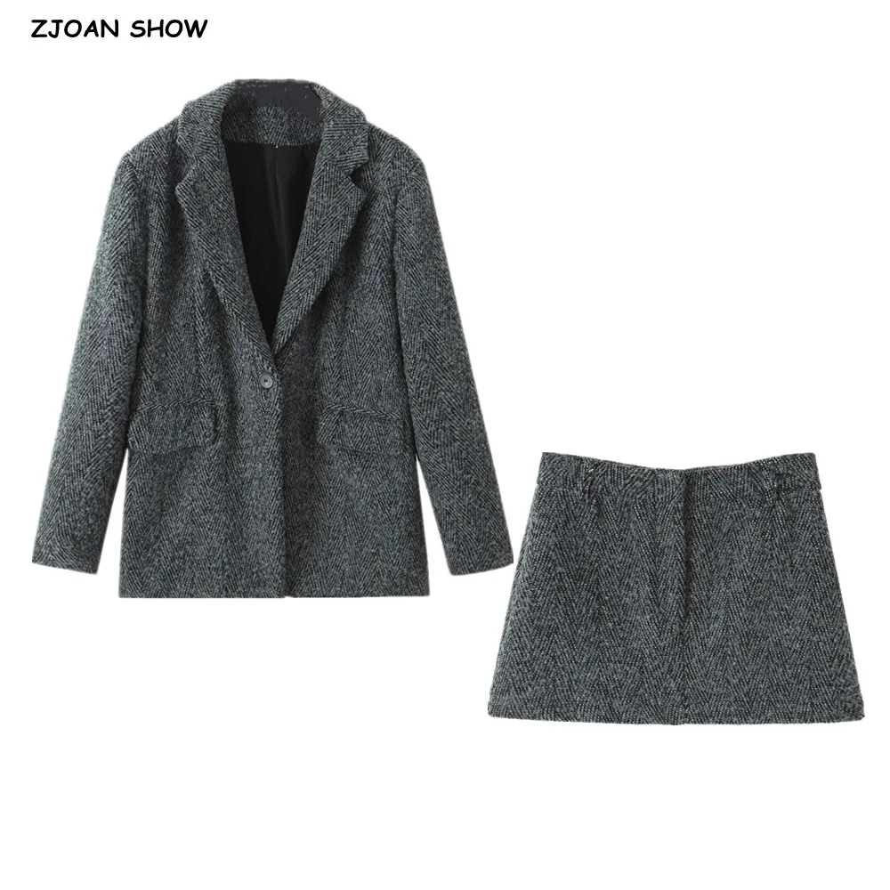 2 Pieces 1 Set 2024 CHILL Notched Tweed Weave Oversized Blazer High Waist Package Hips A-line Mini Skirt Suits Matching Gray