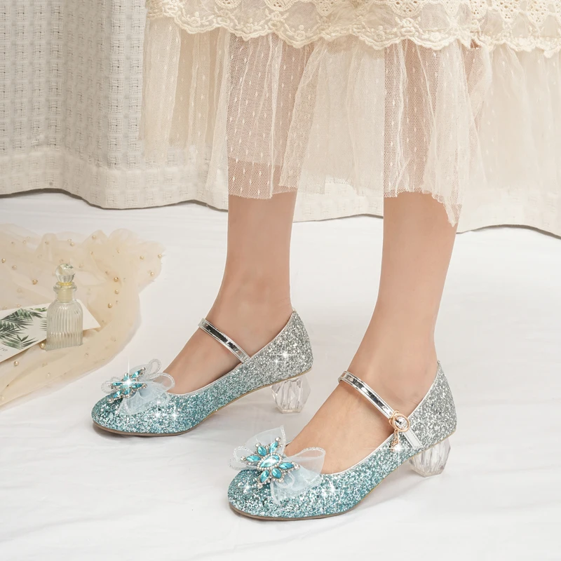 Ice Princess Crystal Shoes for Teens, High Heels for Performance, Hosting, and Dance, Sweet Bowknot Cosplay Lolita Pumps