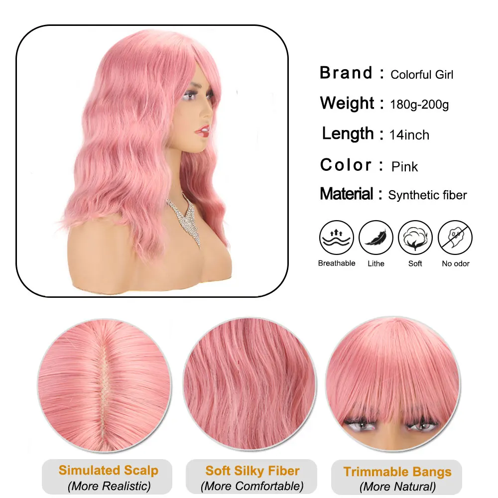 Short Wavy Bob Wig with Bangs Shoulder Length Bob Synthetic Wigs for Women Heat Resistant Pink Hair Wig Daily Party Cosplay Use