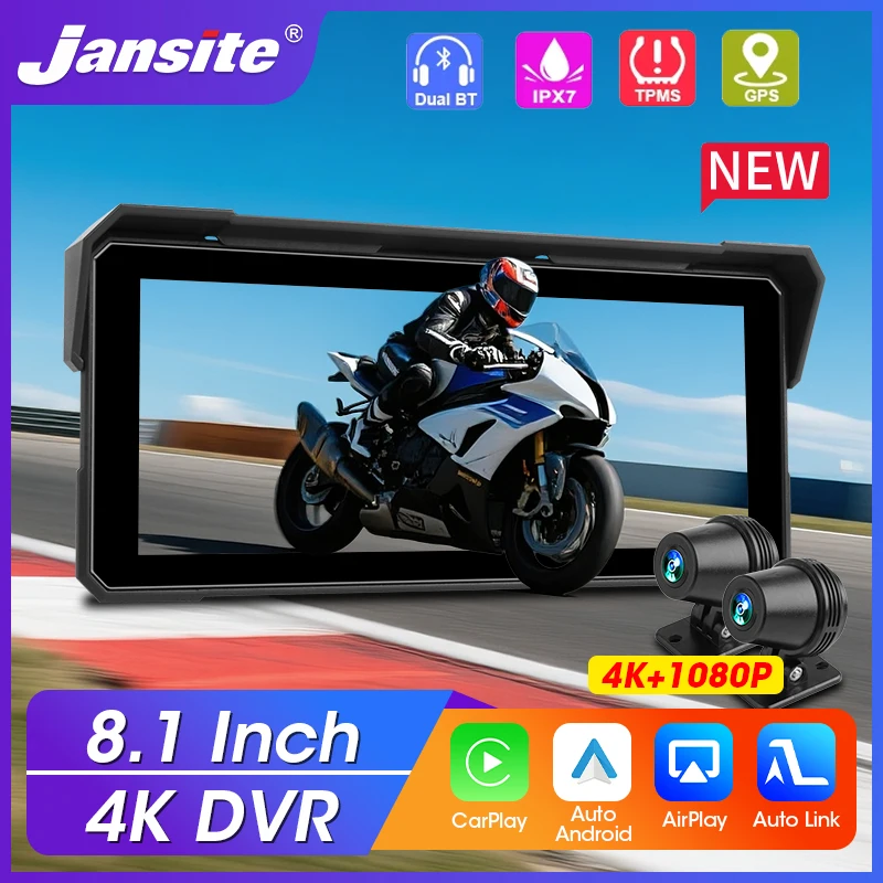 Srnubi Portable 8.1 inch IP67 Waterproof Motorcycle 4K DVR GPS Navigation Wireless Carplay Android Auto Moto Recorder Monitor