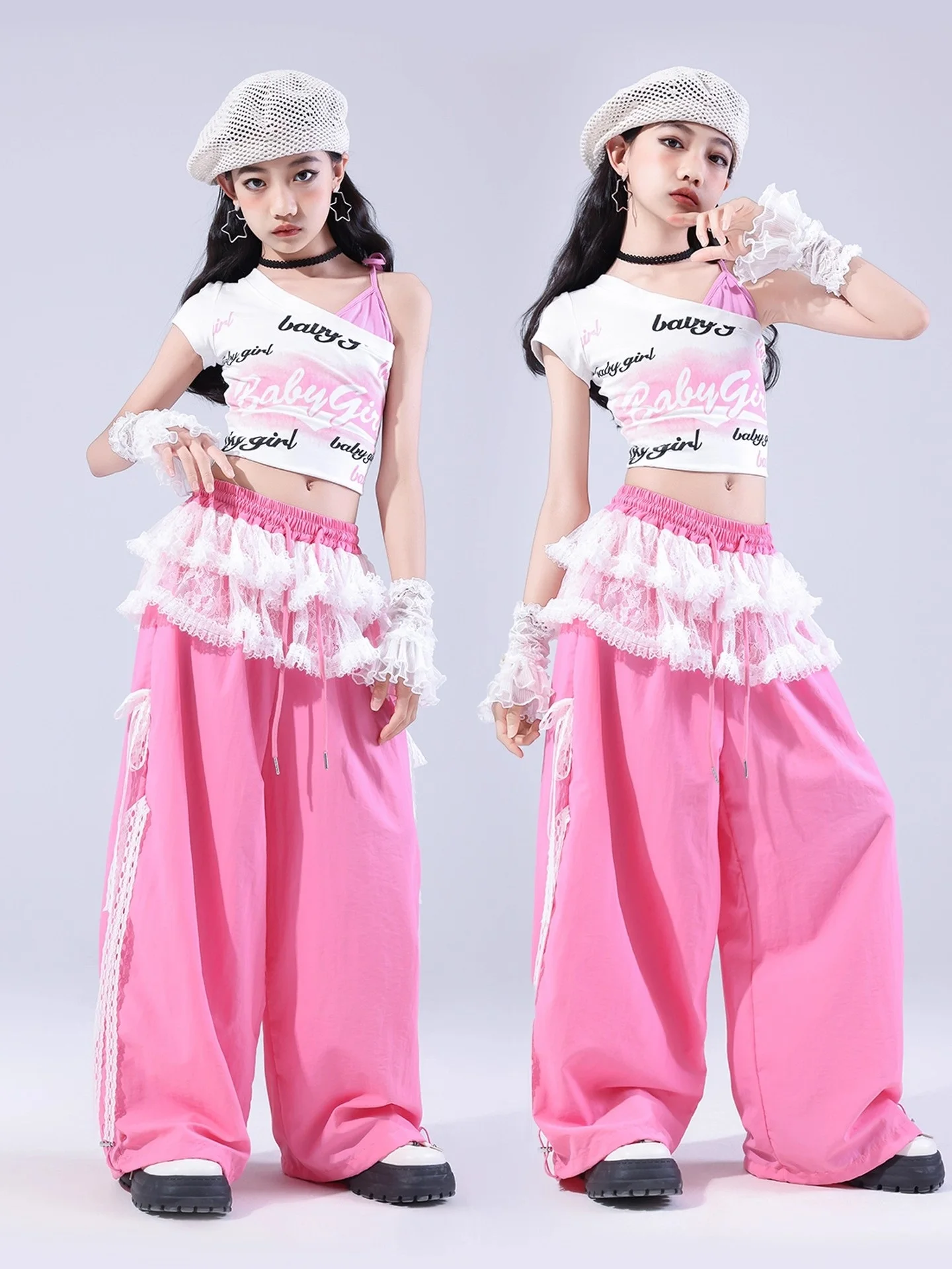Kpop enfants Hip Hop vêtements filles Jazz vêtements nombril hauts rose pantalon été moderne danse Performance Costume scène porter BL16817