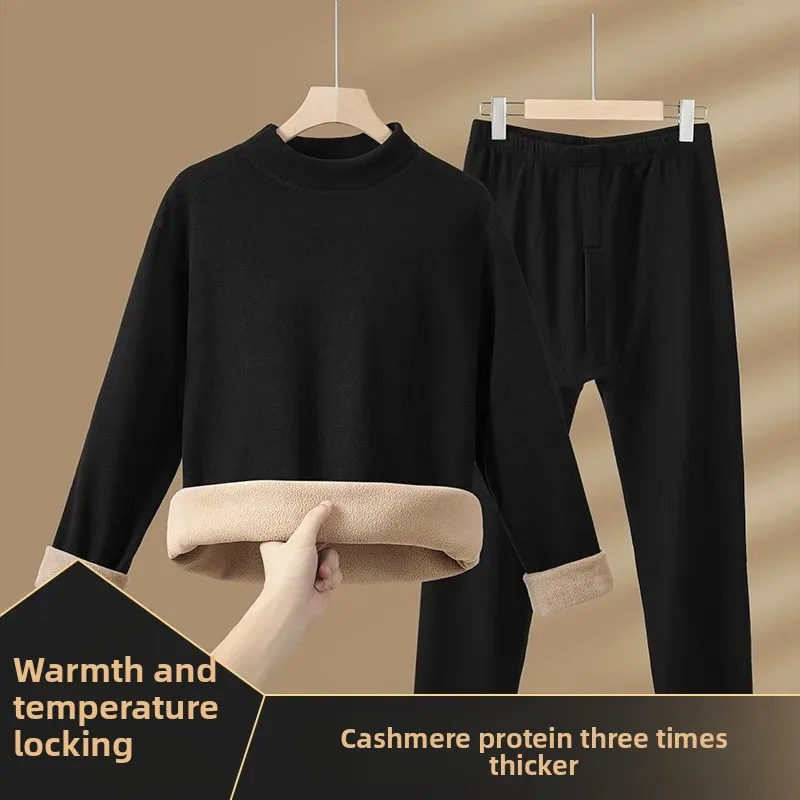 Men Camel Wool Thermal Underwear Set Mid Neck Fleece Lined Thickened Winter Long Johns Wearable Outdoors Cold Protection